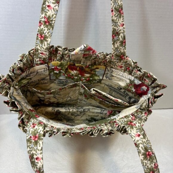 Handmade Christmas Fabric Button Closure Cotton Tote Handbag w/Eyeglass Case NEW - Picture 4 of 10